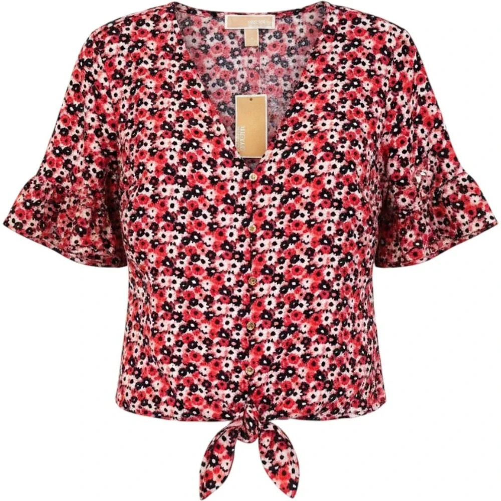 Michael Kors Floral‎ Tie Front Flutter Sleeve Blouse Women's Large Pink Feminine